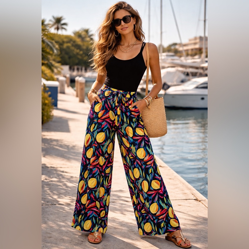 Tabitha Wide-Leg Lemon Print Pants in Black & Yellow